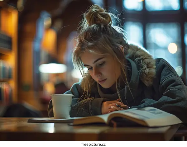 Young woman reading a book in a library