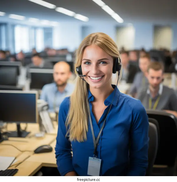 portrait of a smiling female customer service representative with a headset in a busy office