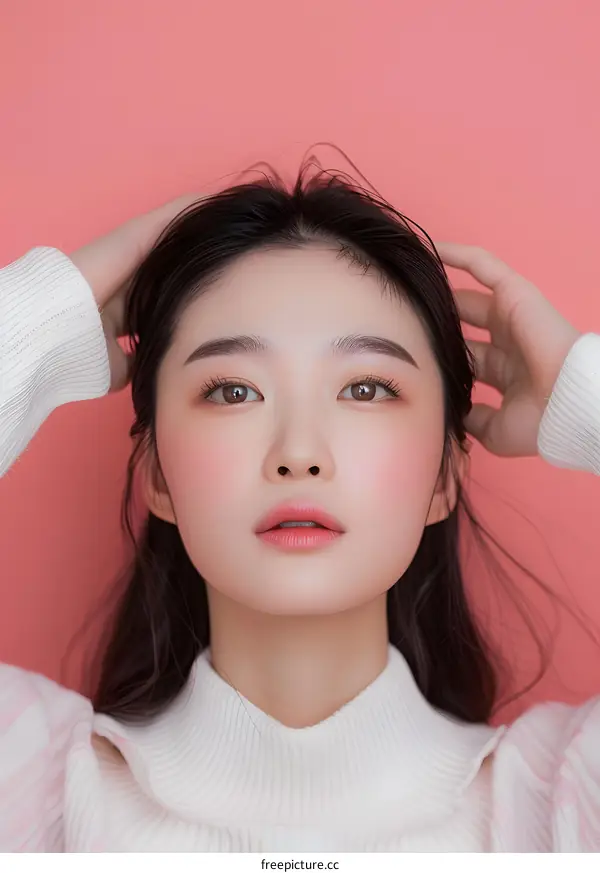 Portrait of a Young Asian Woman with Long Black Hair Wearing a White Sweater Against a Pink Background