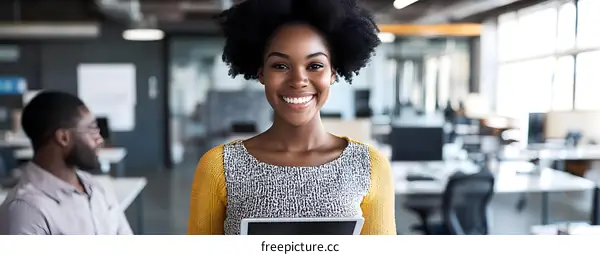 Smiling African American Businesswoman Holding Tablet In Office