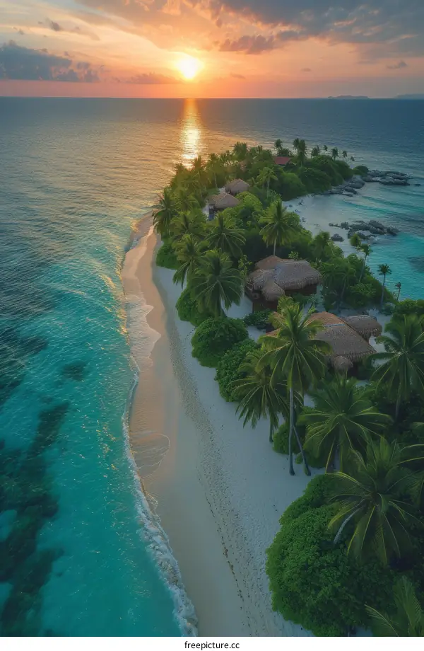Beach huts on a tropical island with palm trees and white sand