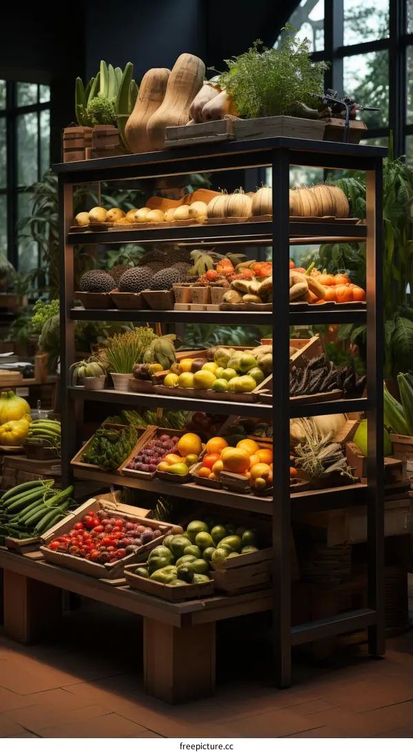 Fresh and organic vegetables and fruits on shelves in a grocery store