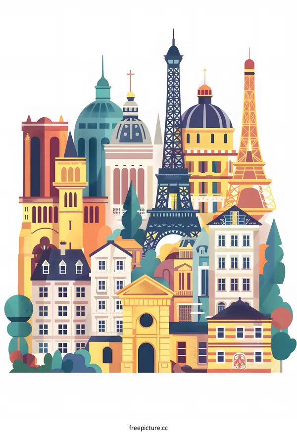 Colorful Cityscape with Famous Landmarks Illustration