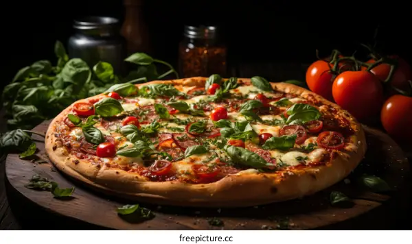 A delicious pizza with tomatoes, basil, and cheese