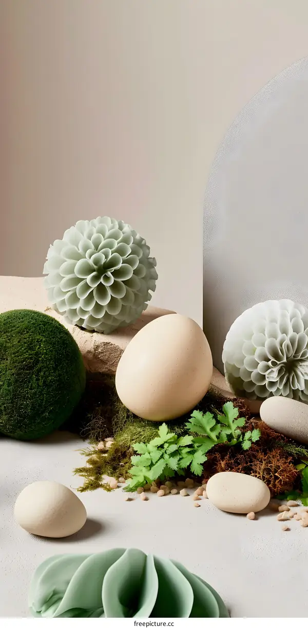 Minimalist Still Life with Green Flowers and Eggs