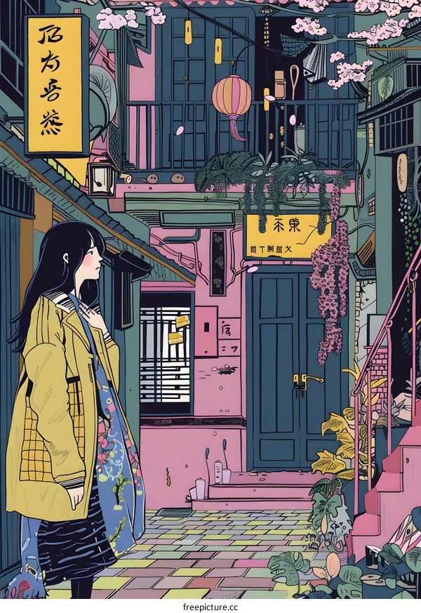 Colorful Illustration of a Woman Standing in a Narrow Alleyway in a City in China