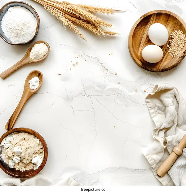 Baking Ingredients on White Marble Background