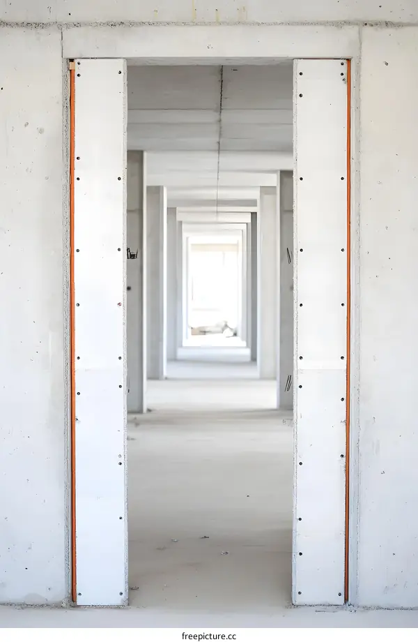 Empty Concrete Corridor with White Walls and Orange Trim