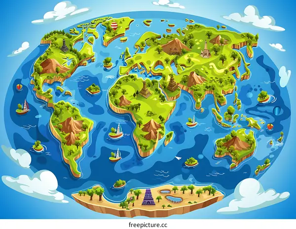 World Map Illustration with Famous Landmarks