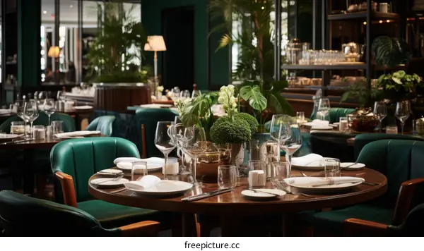 Elegant Restaurant Interior with Green Leather Chairs and Lush Plants