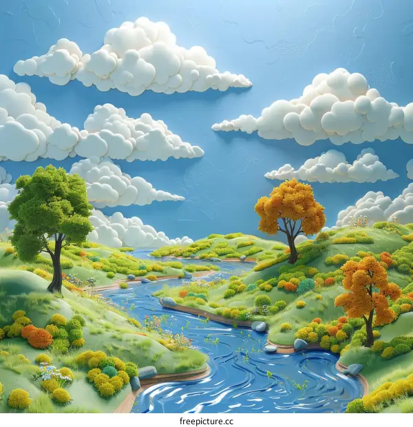 Whimsical Cartoon Landscape with River