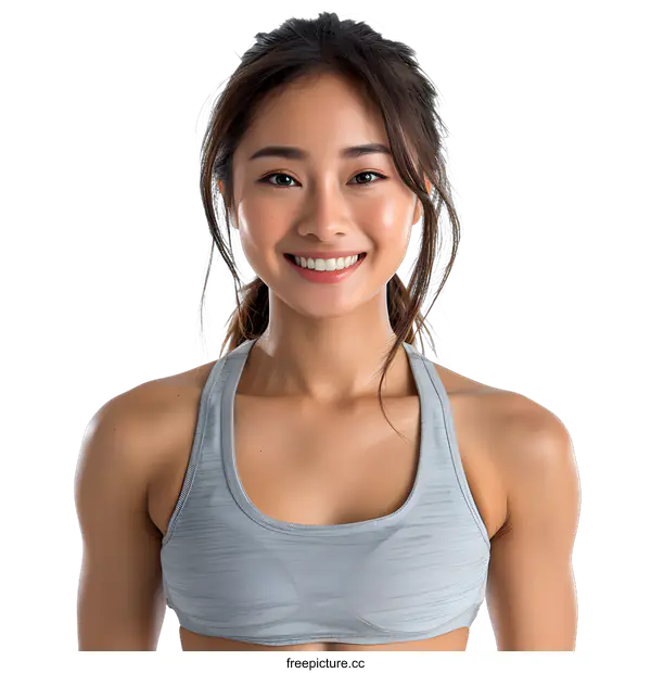 [Transparent Background PNG]Portrait of a young Asian woman in a gray sports bra smiling at the camera