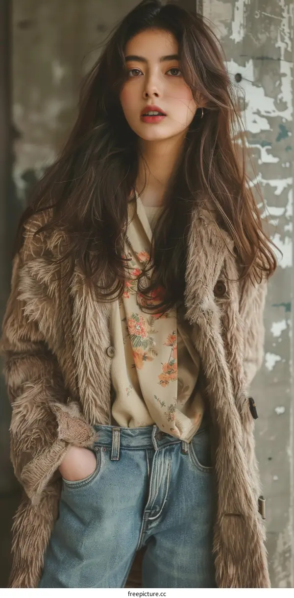 Asian woman wearing fur coat and floral blouse