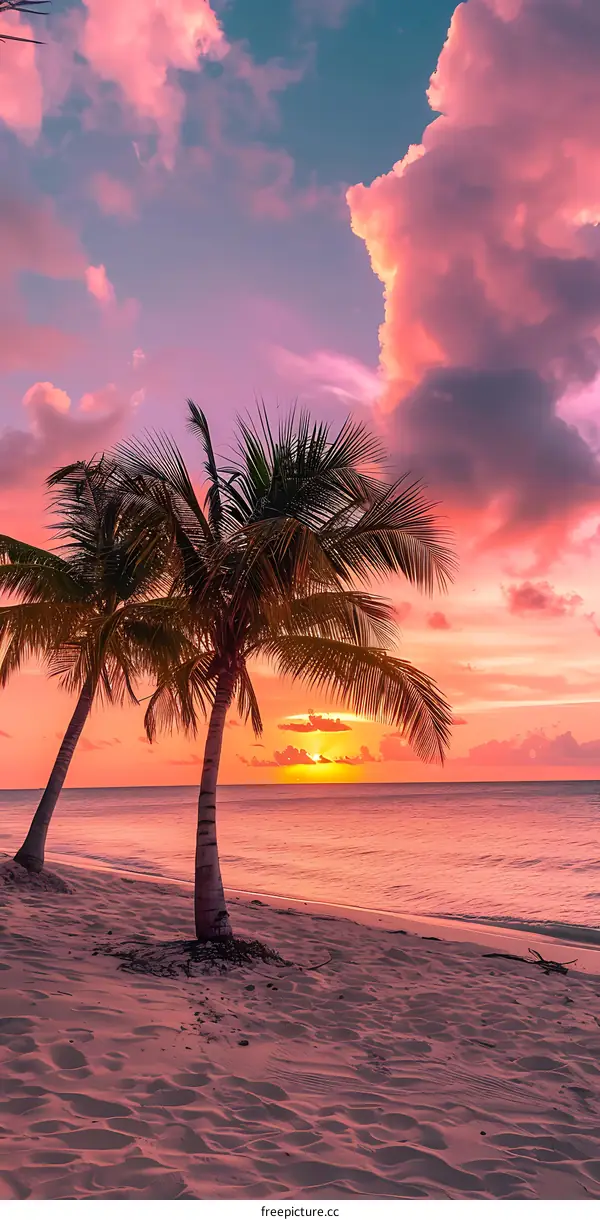 Tropical Sunset Beach with Palm Trees and Pink Sky