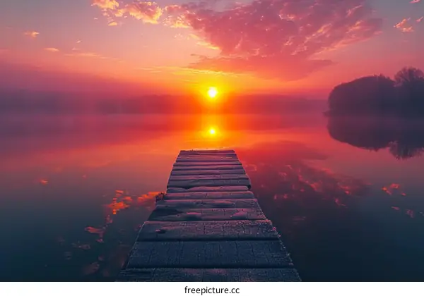 Tranquil Lake Sunrise with Vibrant Sky and Wooden Dock