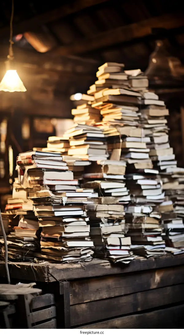 A large stack of old books in a dimly lit room