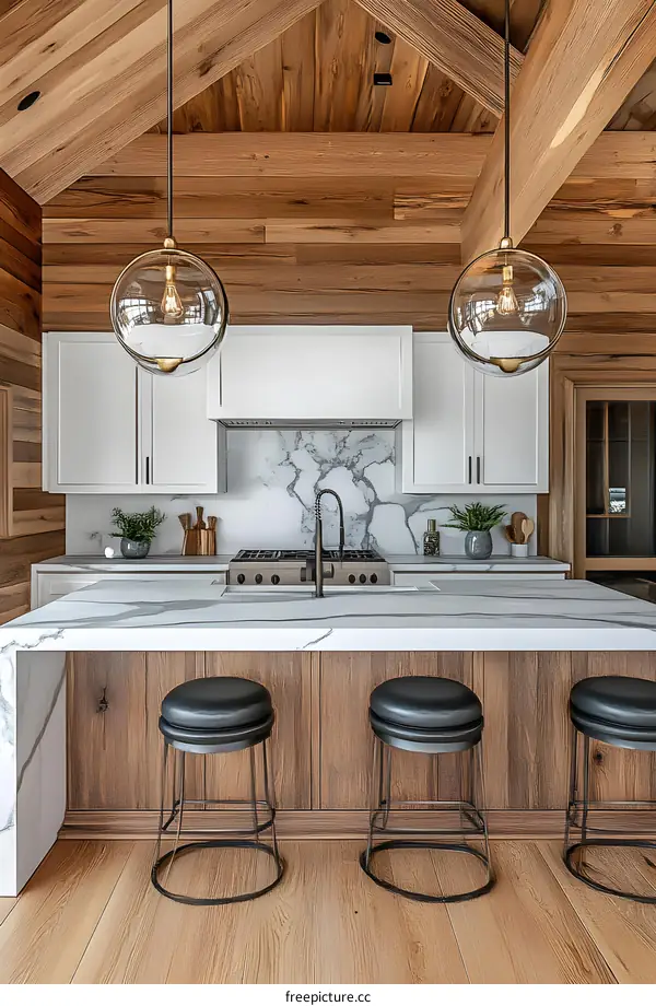 Modern Kitchen Island With White Marble Countertop And Wooden Cabinets
