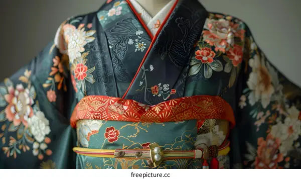 A kimono with a floral pattern and a red and gold obi