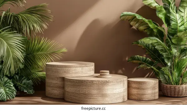 Wooden Display Podiums with Tropical Plants