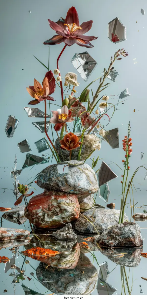 Still life with flowers and rocks