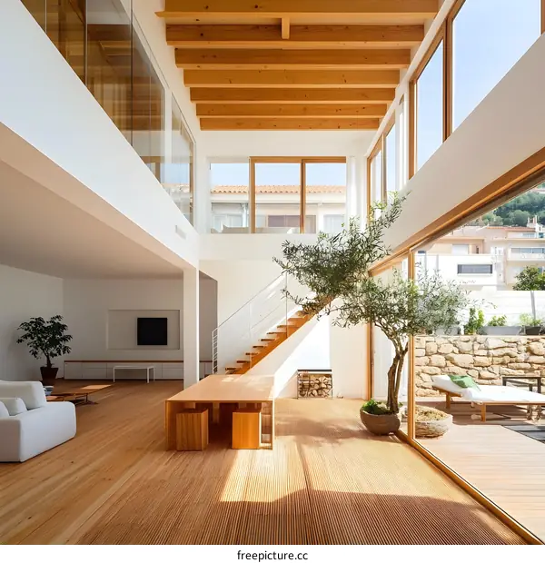 Modern Minimalist Home Interior Design with Wooden Beams and Large Windows