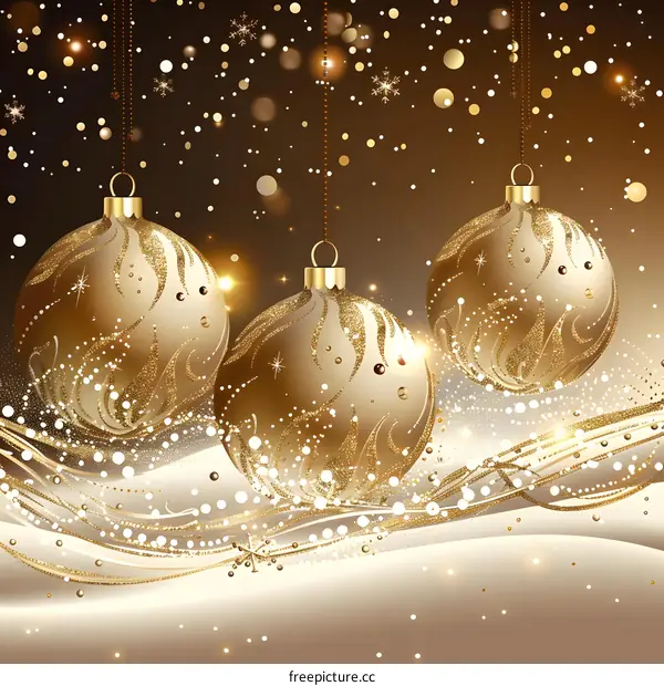 Three golden Christmas balls hanging from the top with golden snowflakes and light effects on a brown background