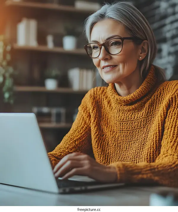 Senior Woman Working On Laptop At Home Office