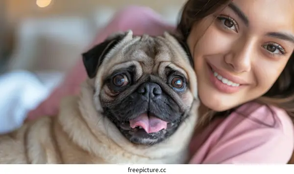 pug dog breed with a smiling young woman