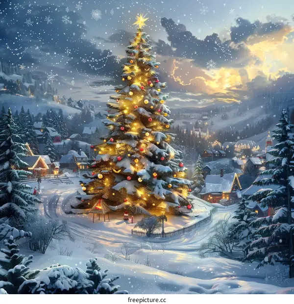 Snowy Christmas Tree in a Village