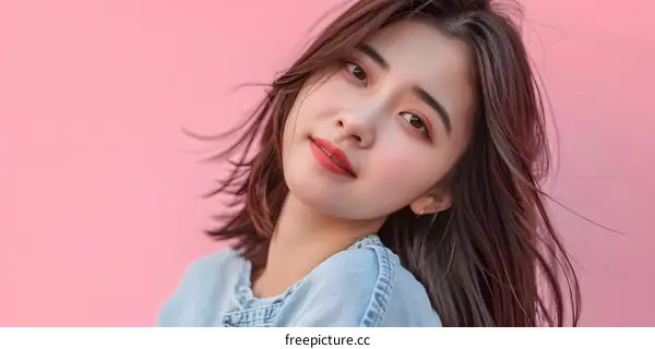 Portrait of a Young Asian Woman with Long Hair Smiling in Front of Pink Wall