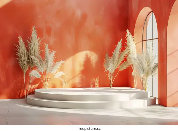 Modern Minimalist Orange Room with Decorative Plants and Podium