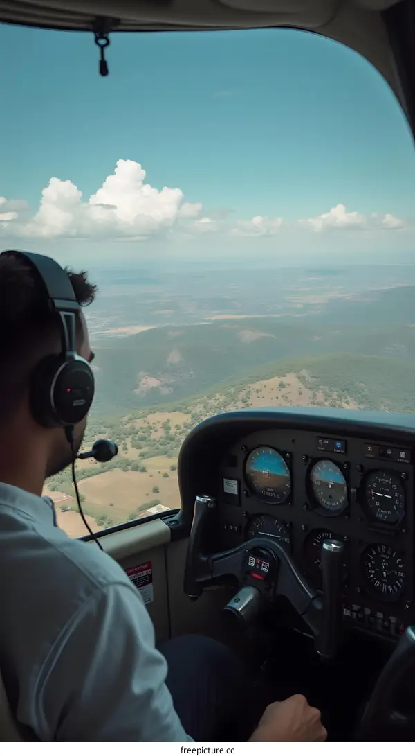 Pilot Flying A Small Plane Over Green Hills