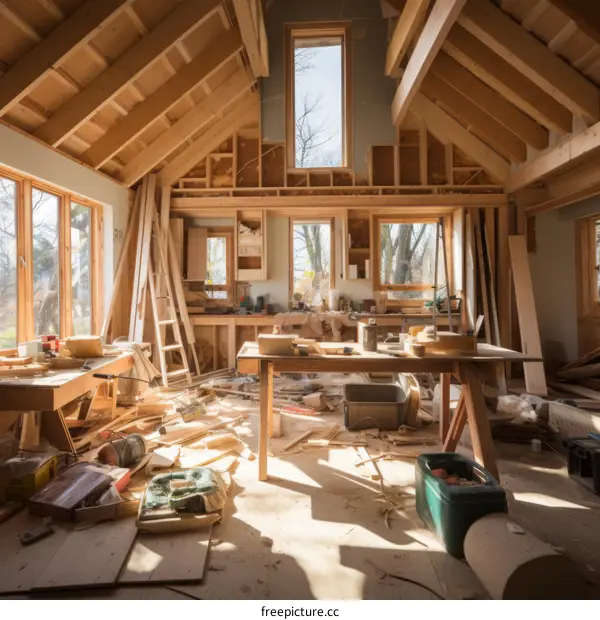 Carpentry workshop with tools and materials