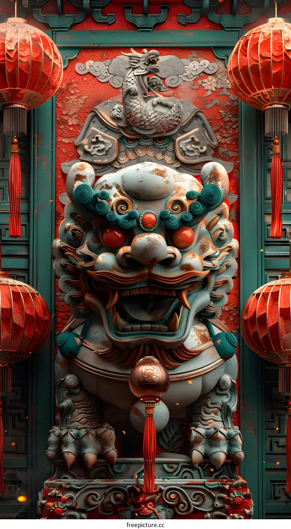 A stone lion statue with red lanterns on both sides