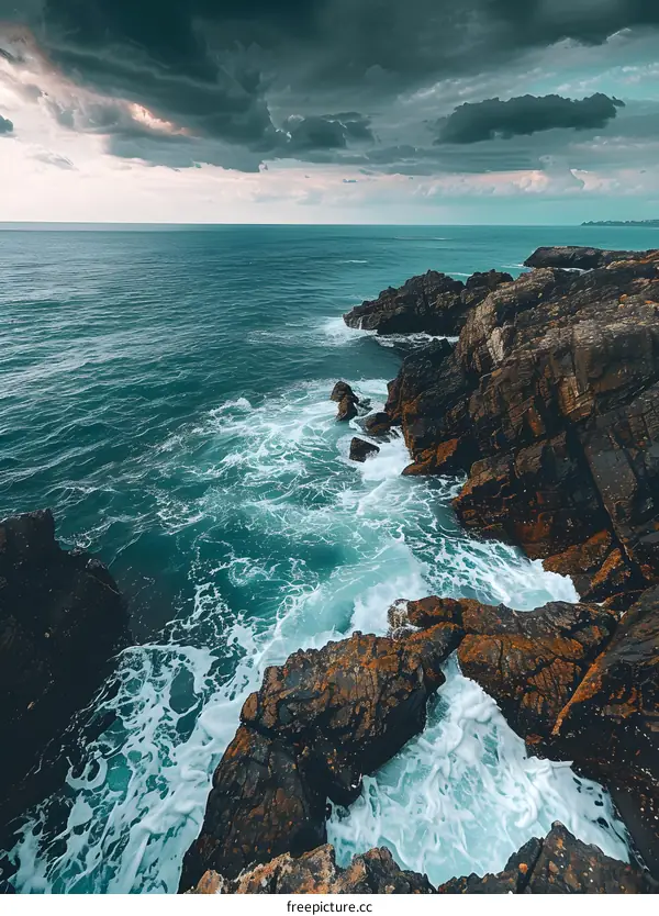 Ocean Waves Crashing Against Rocky Coastline