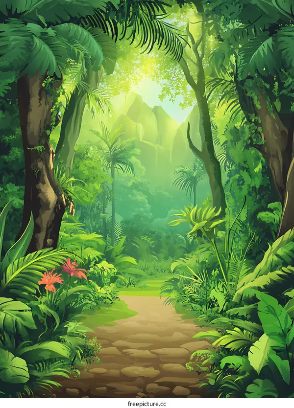Green Jungle Path Leading to Distant Mountains