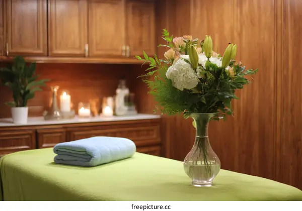 Spa Room with Flowers and a Massage Table