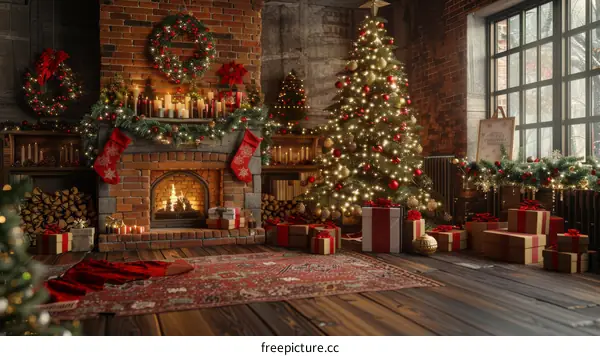 Christmas Tree with Presents by Fireplace