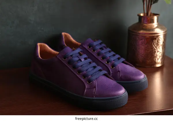 Pair of Purple Leather Sneakers on Wooden Surface
