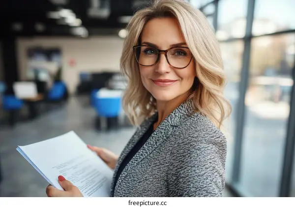 Business Woman Holding Documents in Modern Office