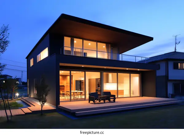 Modern Black House with Deck and Large Windows at Dusk