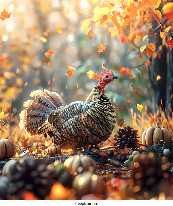 A Thanksgiving turkey standing in a fall forest