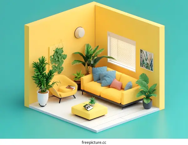 Minimalist Yellow Living Room Interior Design with Plants