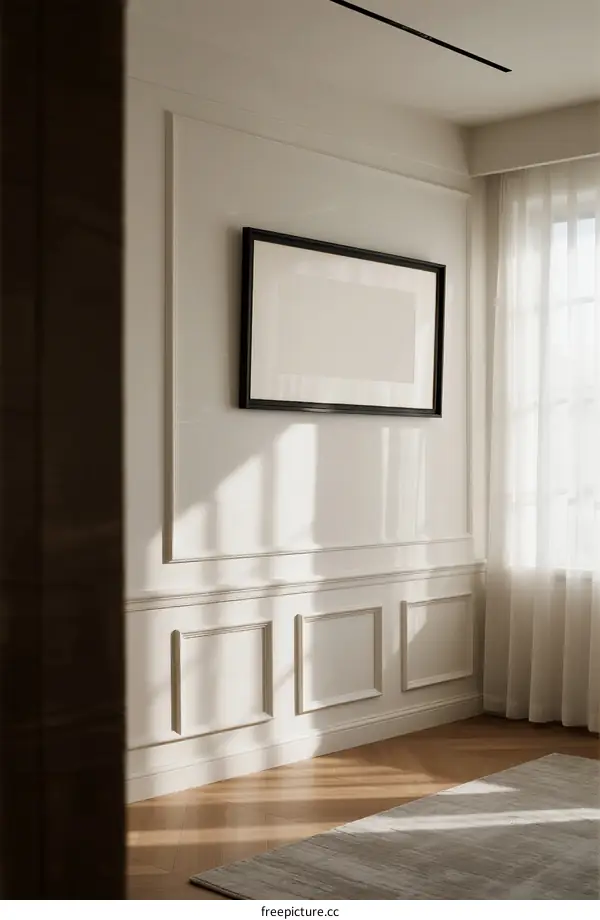Minimalist interior space with framed artwork and natural light