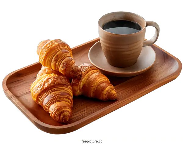 [Transparent Background PNG]Three Croissants and a Cup of Coffee on a Wooden Tray