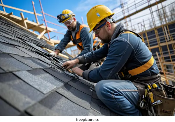 Two construction workers installing shingles on a roof