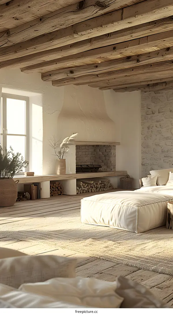 Bright living room interior with fireplace and white sofa