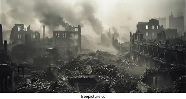 Post-apocalyptic city in ruins after a nuclear war