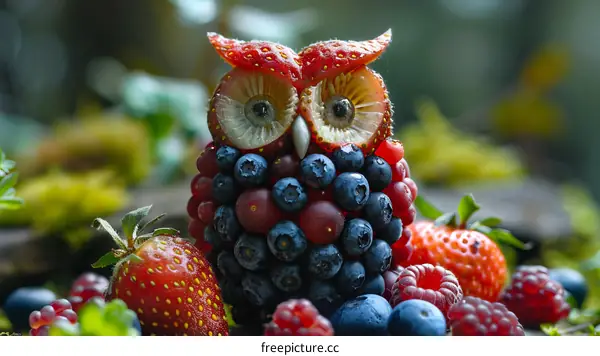 A Cute Owl Made of Berries and Fruits