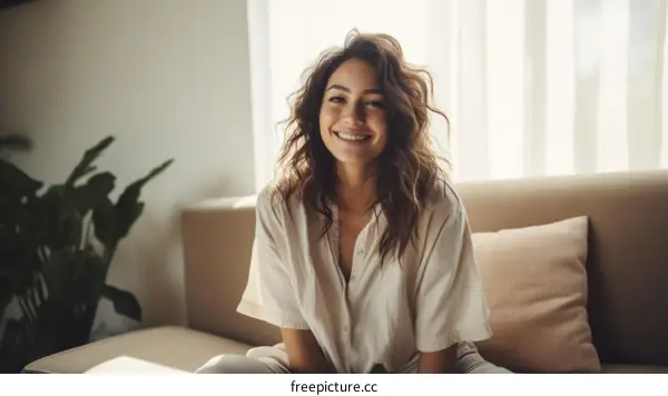 Portrait of a smiling young woman sitting on a couch
